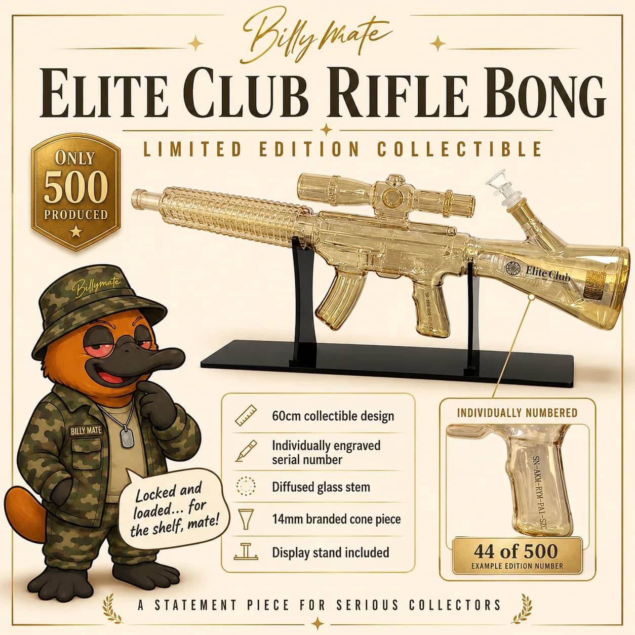 Elite Club Rifle Bong – Limited Edition | Billy Mate Official | Comes with Authenticity Certificate and edition Number