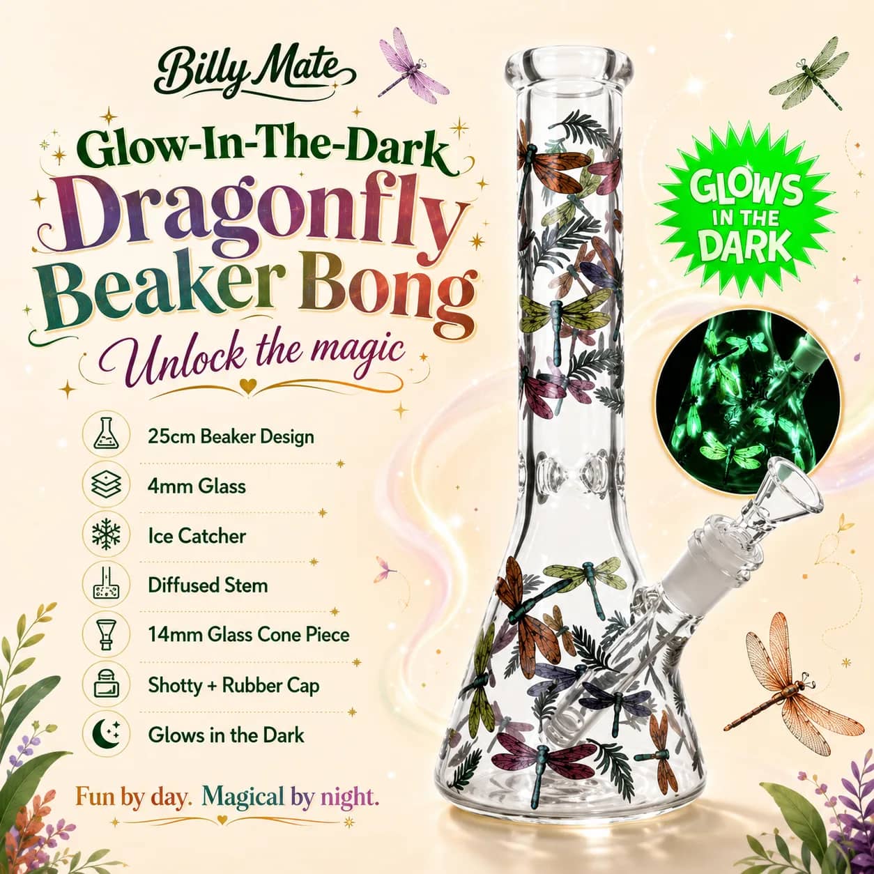 Lucky Dragonfly Beaker Bong - 25cm Glow In The Dark!