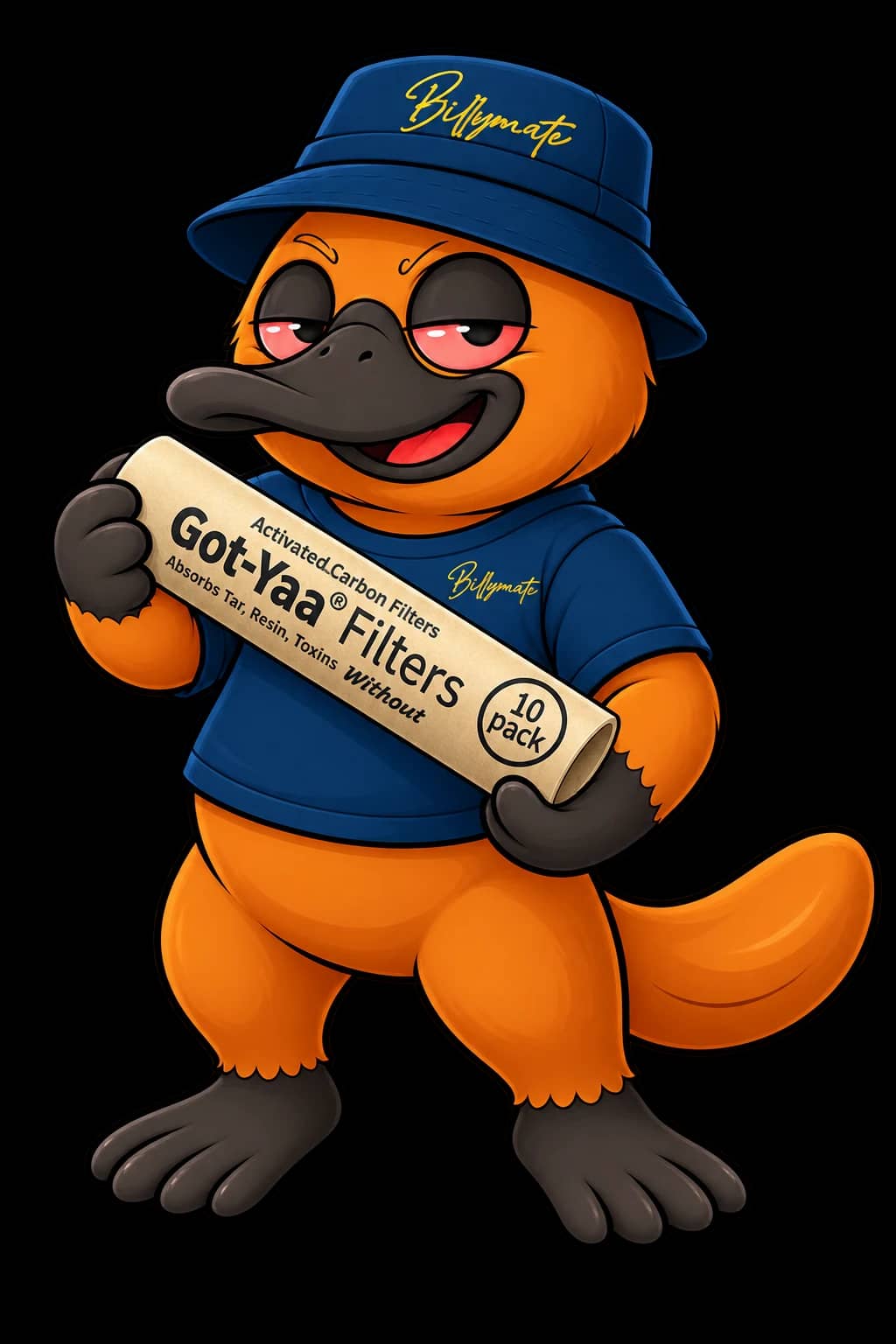 Billy the Billy Mate platypus holding a pack of Got-Yaa filters
