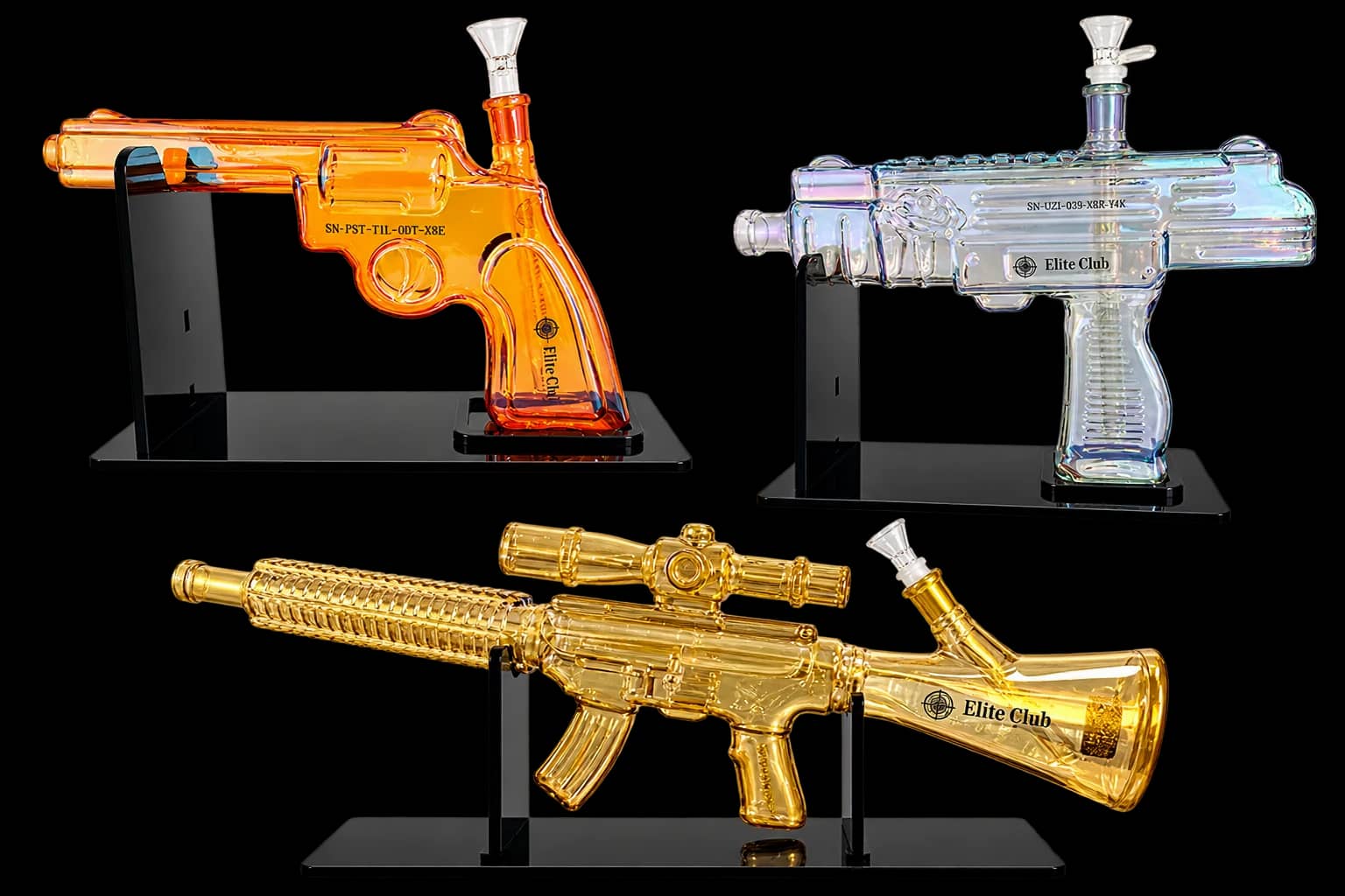 Billy Mate Elite Club limited edition glass collectibles: revolver, Uzi and rifle water pipes on display stands