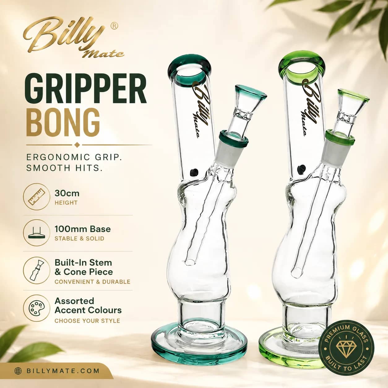 Exclusive Gold Edition Billy Mate Pistol Grip Gripper Bong | 30cm Durable Glass Water Pipe