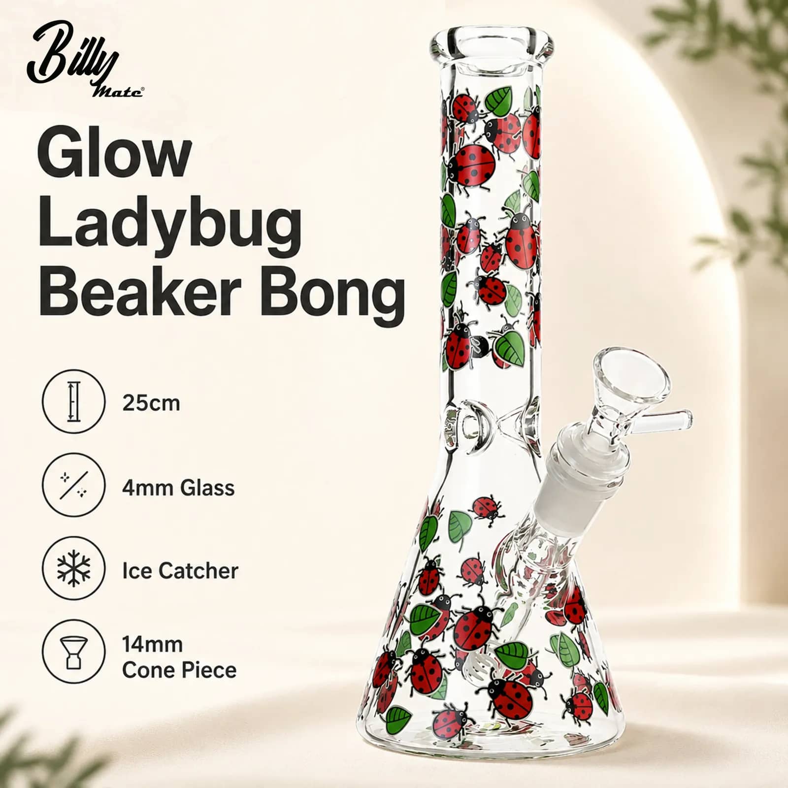 Billy Mate Glow Ladybug Beaker Bong 25cm | Glow in The Dark