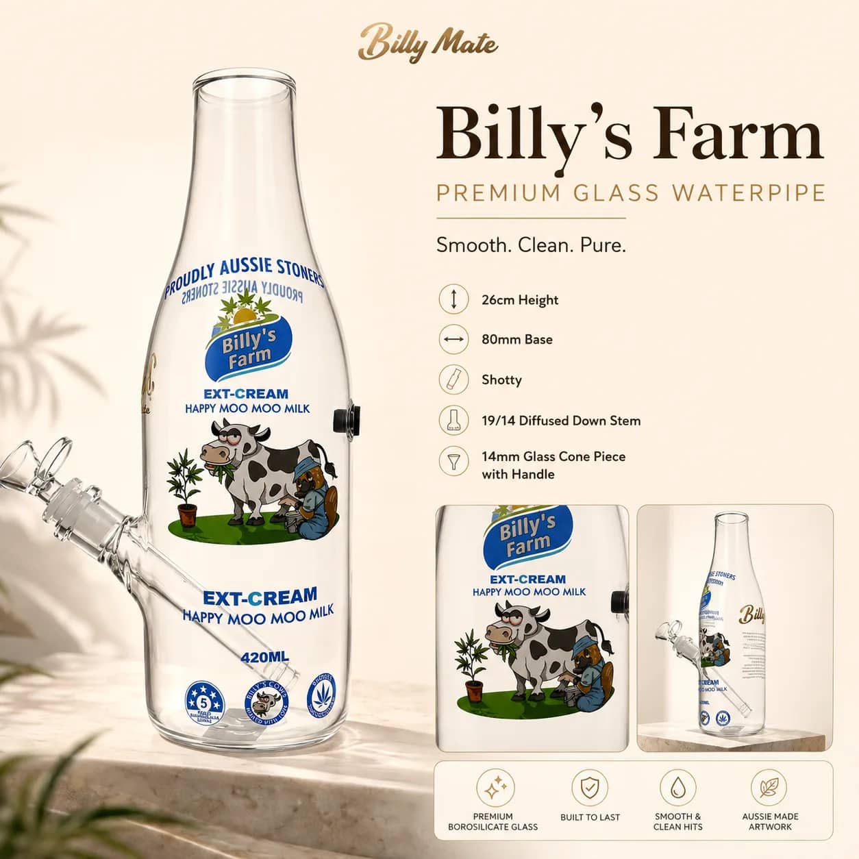 Billy Mate Billy's Farm Glass Bong 26cm | Milk Bottle Bong