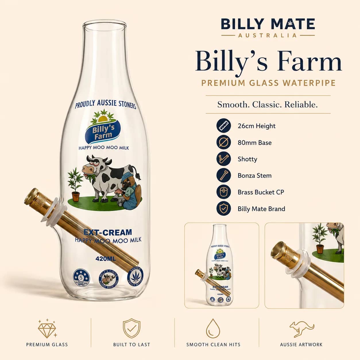 Billy's Farm Glass Bonza Bong 26cm | Milk Bottle Bong