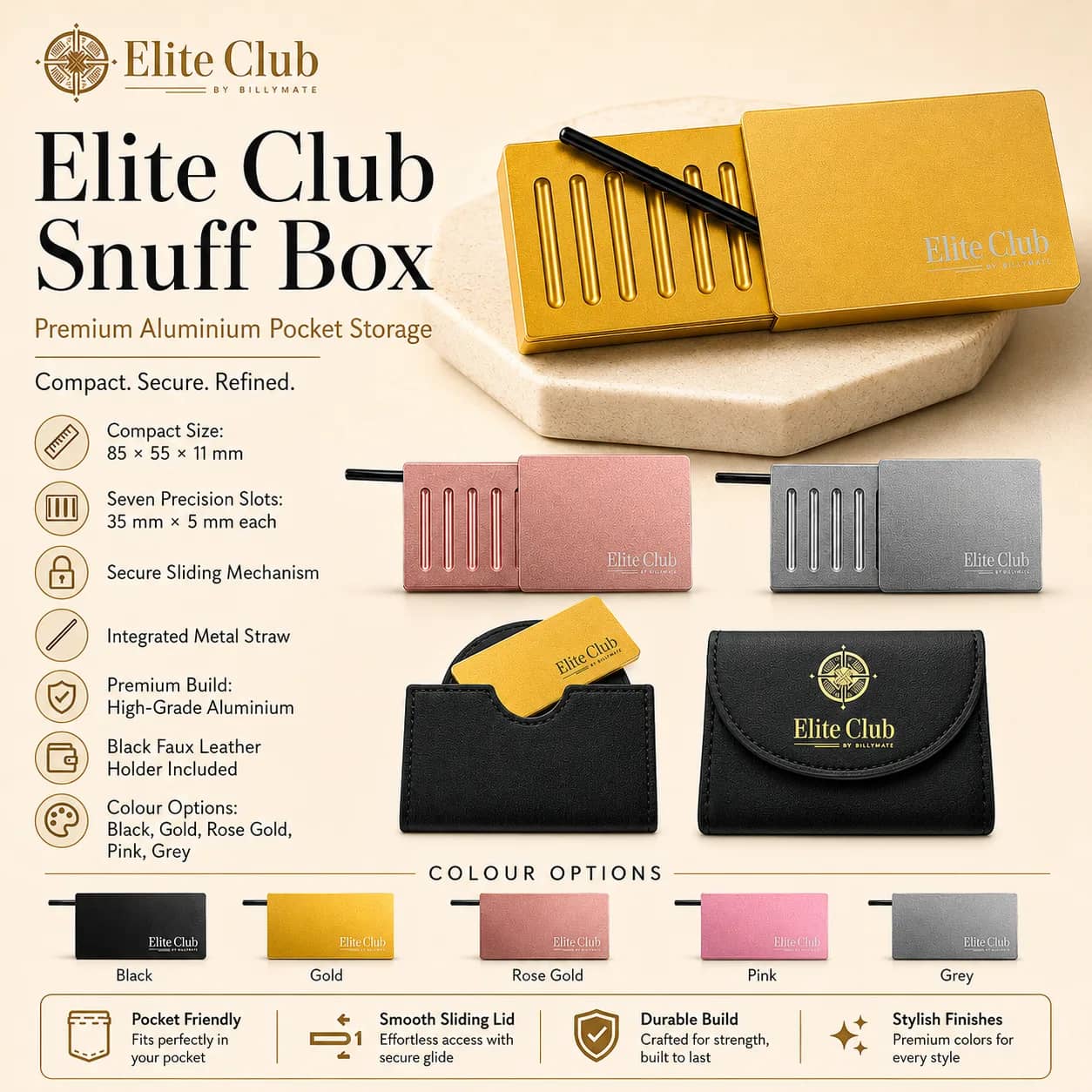 Luxury Elite Club Aluminium Snuff Box | Leather Case | 7 Slot Design