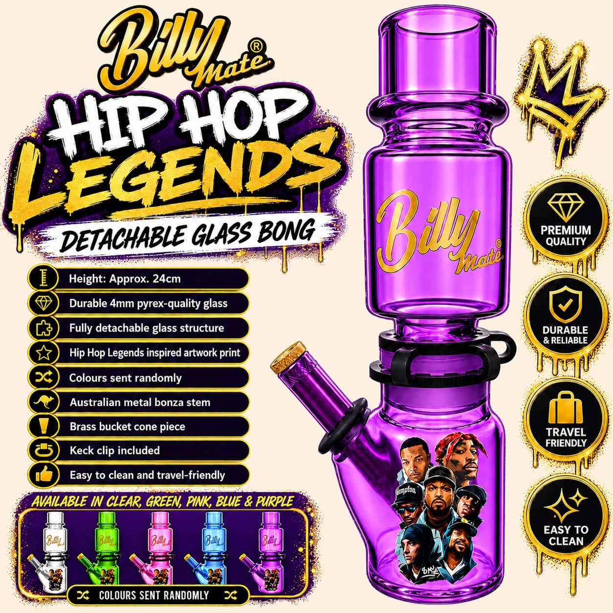 Billy Mate Hip Hop Legends Detachable Glass Bonza Bong 24cm