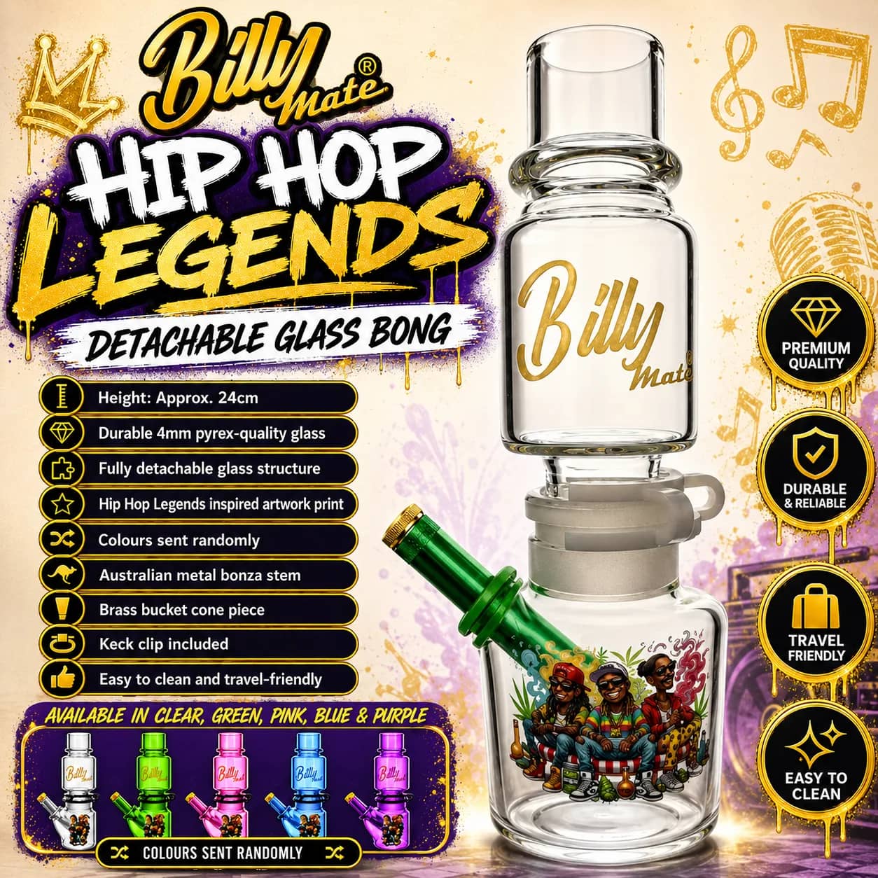 Billy Mate Hip Hop Detachable Glass Bonza Bong 24cm