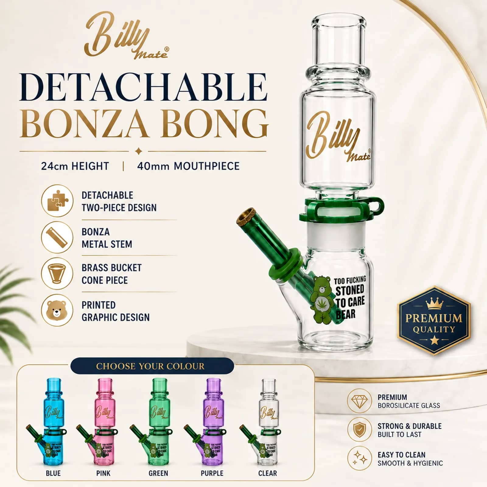 Too Stoned To Care Bear Detachable Glass Bonza Bong | Billy Mate