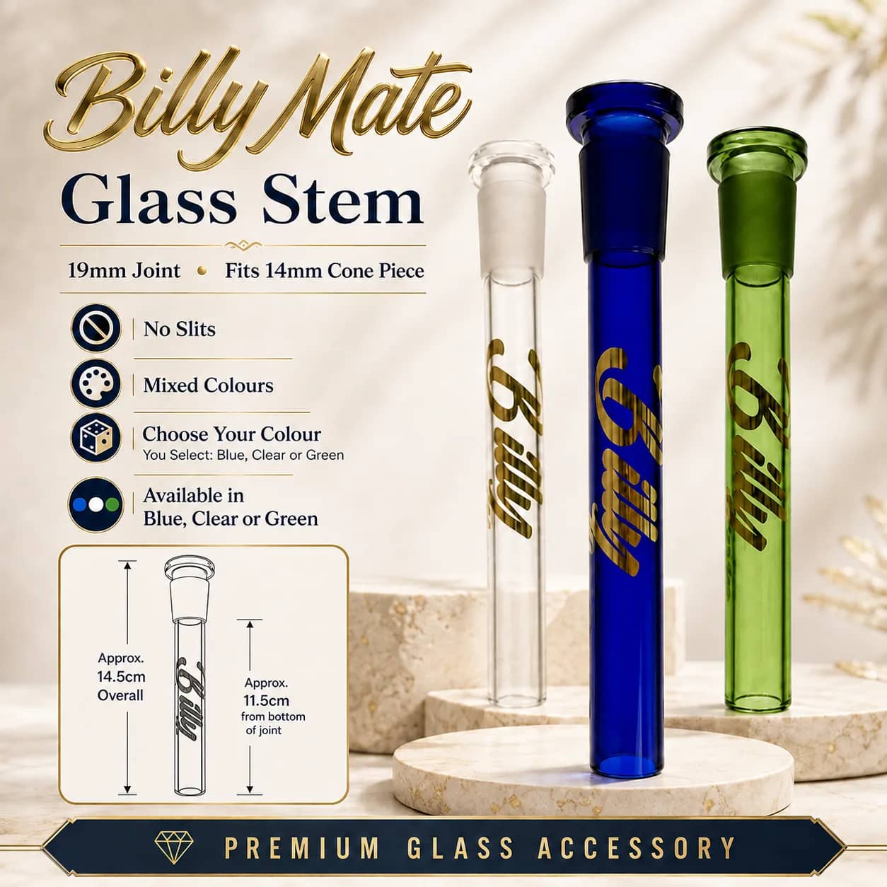 Billy Mate 11.5cm Glass Stem 19/14mm | Golden Logo