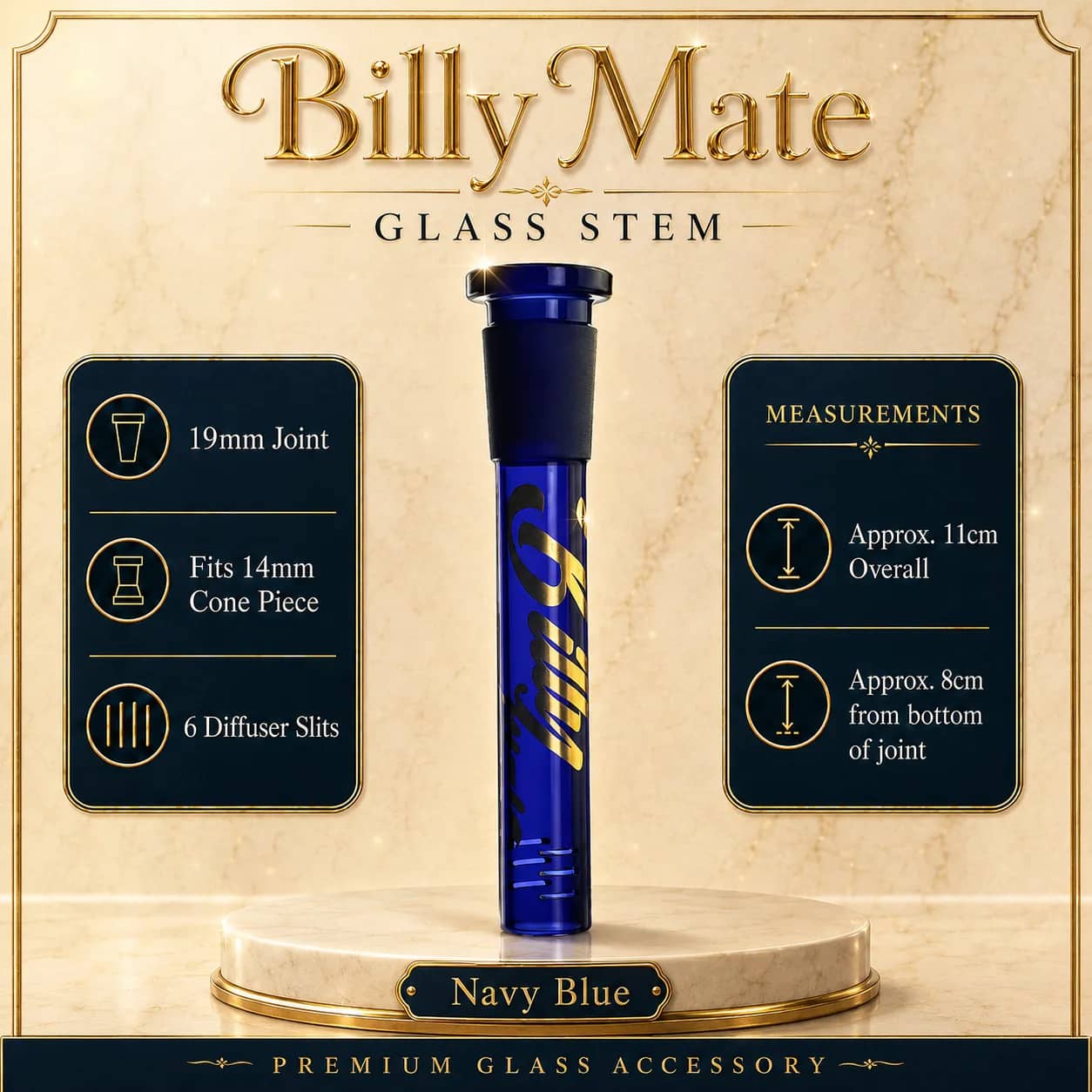 Diffused 8cm Navy Blue Glass Stem 19/14mm | Billy Mate