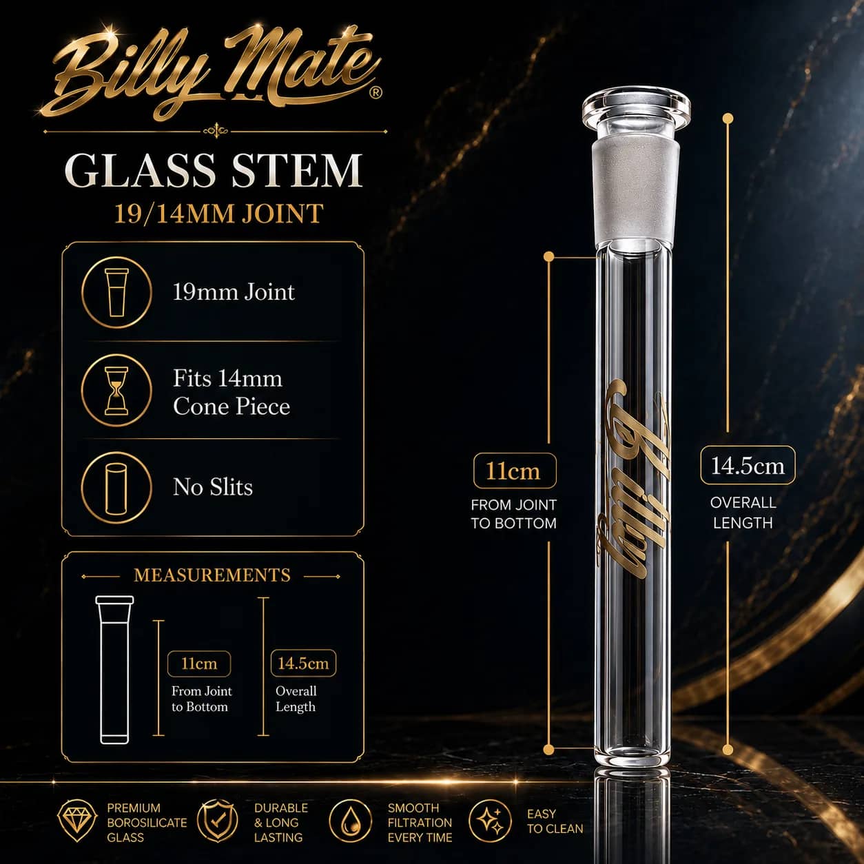 11cm Clear Glass Stem 19/14mm No Slits | Billy Mate