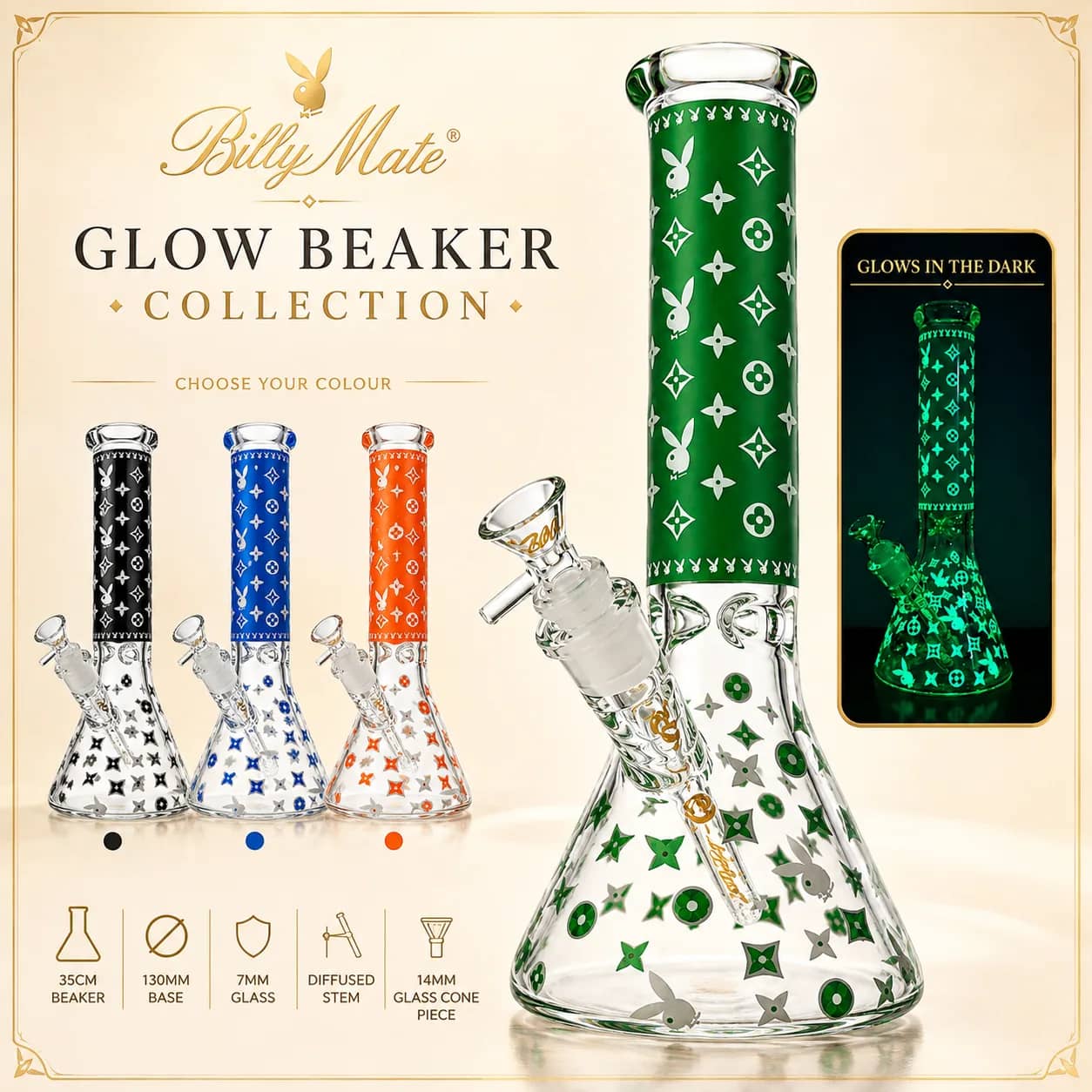Billy Mate Glow Beaker Bong 35cm, Diamond & Bunny Print | 7mm Glass