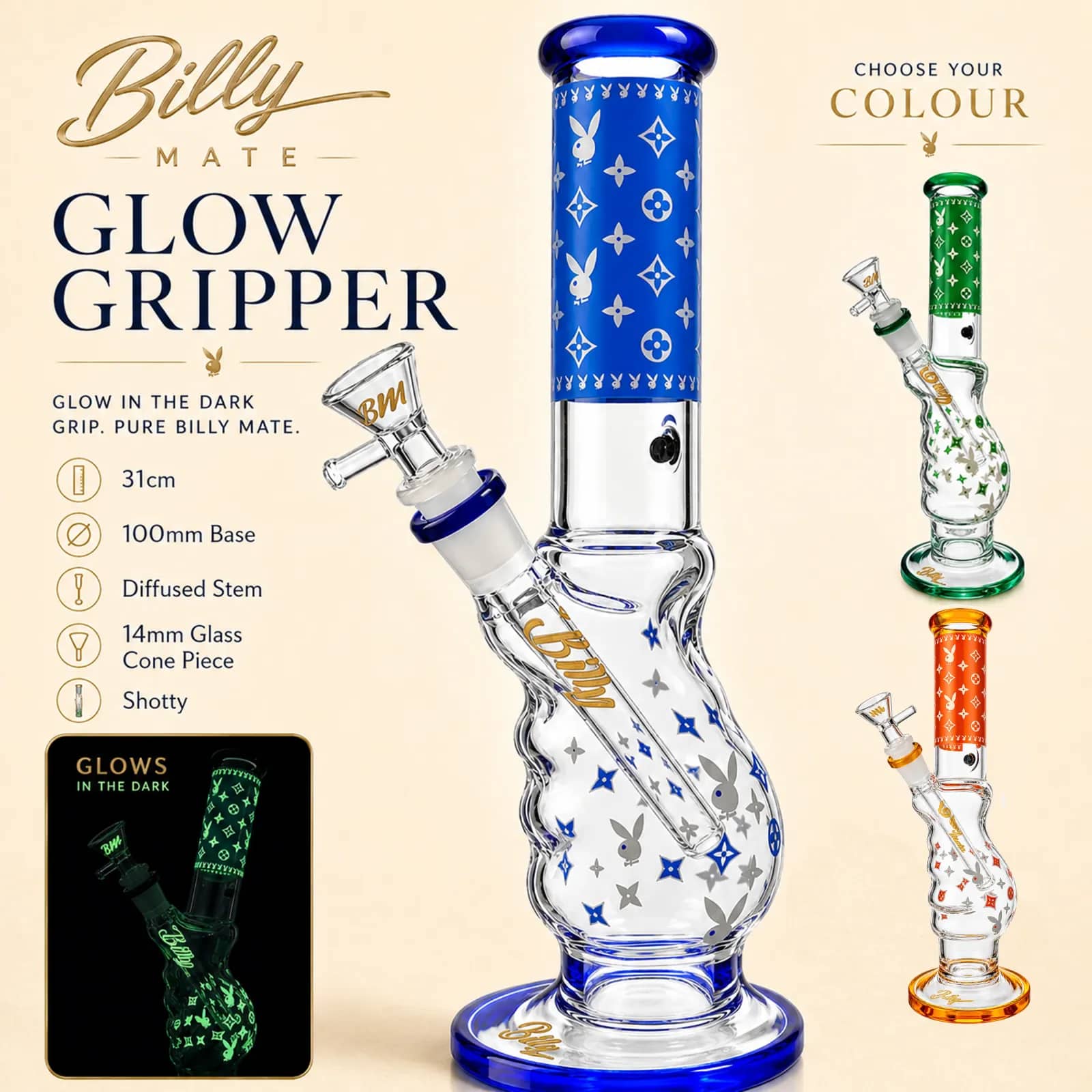 31cm Glow in the Dark Gripper Bong | Billy Mate