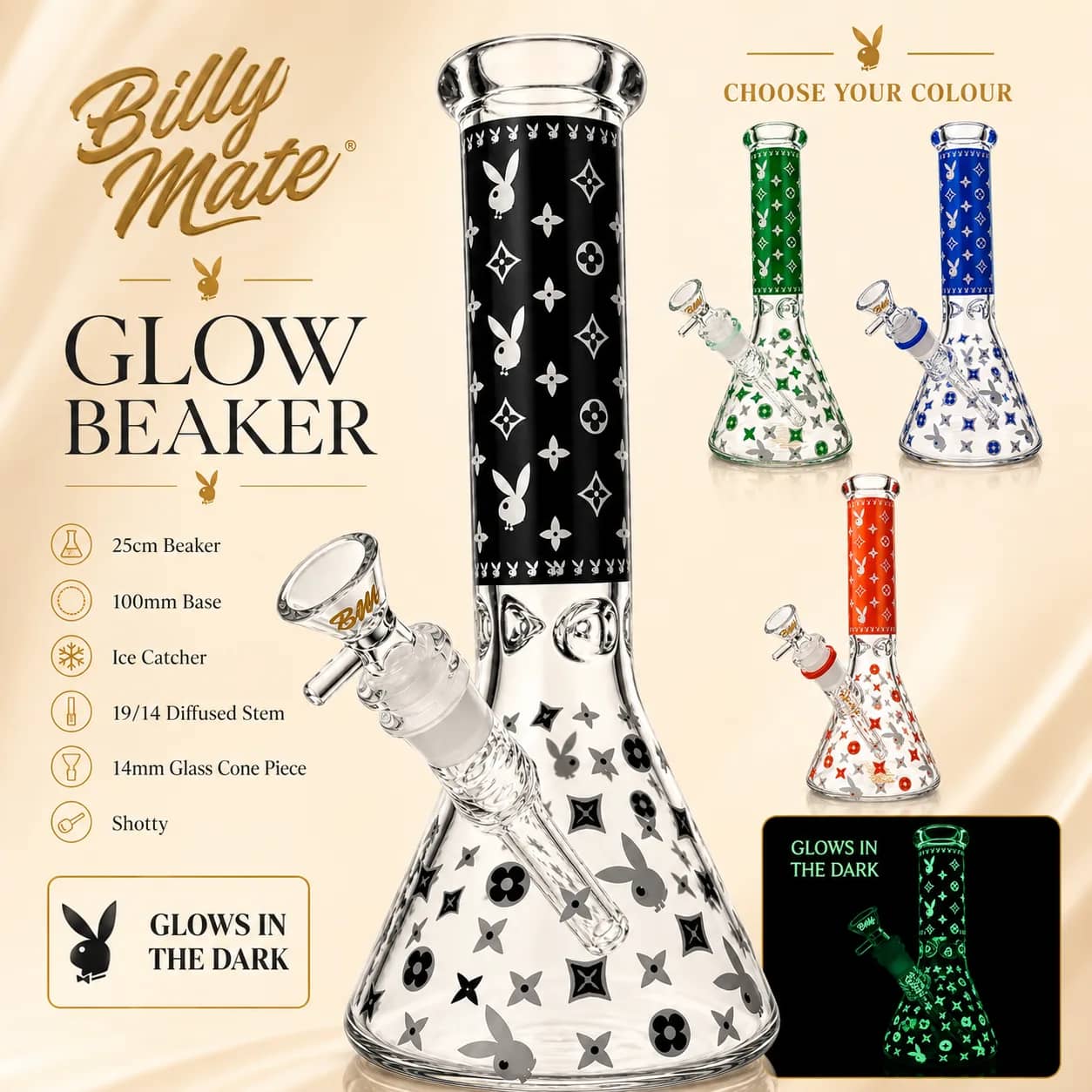 Billy Mate Glow Beaker Bong 25cm, Diamond & Bunny Print