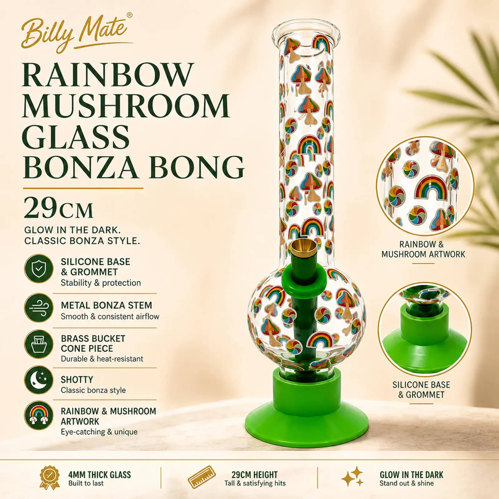 29cm Rainbow Mushroom Glass Bonza Bong | Billy Matr