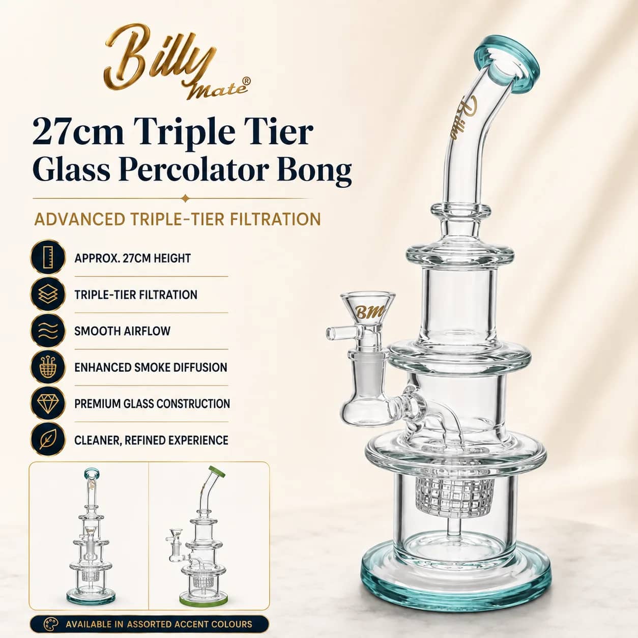 27cm Triple Tier Glass Percolator Bong | Billy Mate