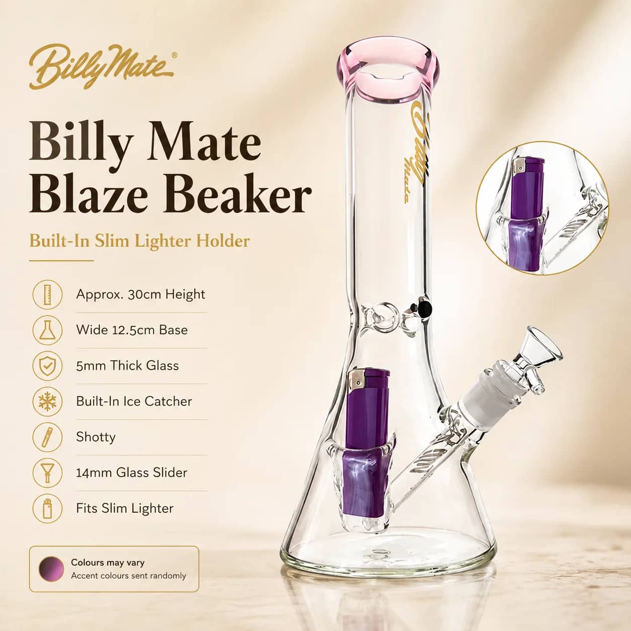 30cm Beaker Bong with Built-In Lighter Holder | Billy Mate