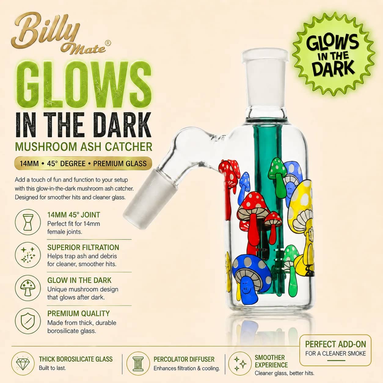 14mm 45° Degree Glow Mushroom Ash Catcher | Billy Mate