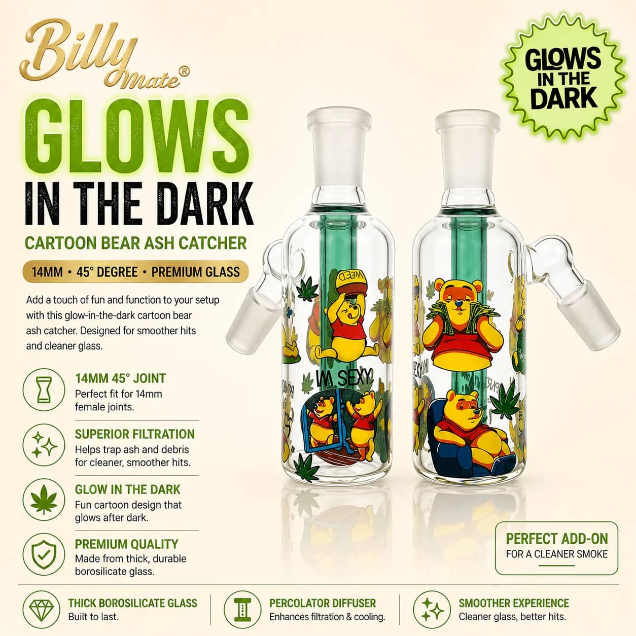 14mm 45° Degree Glow Cartoon Bear Ash Catcher | Billy Mate