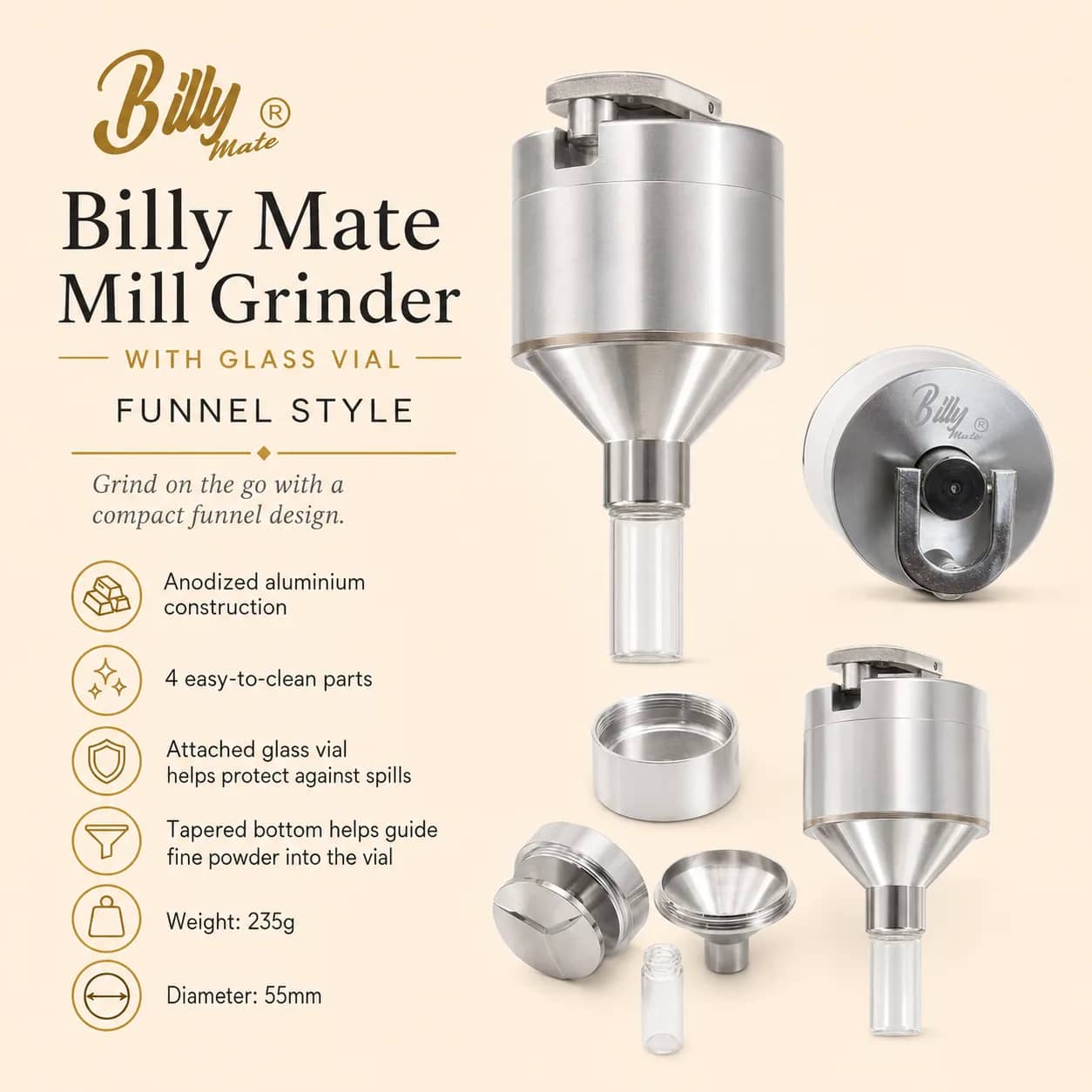 Powder Mill Grinder with Glass Vial | Billy Mate