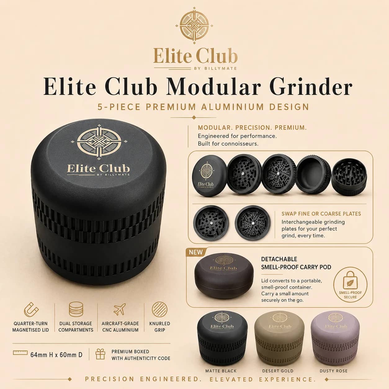 Elite Club Modular 5-Piece Aluminium Grinder | Billy Mate