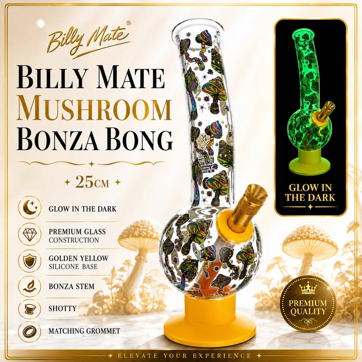 Billy Mate Mushroom Glow in the Dark Bonza Bong 25cm