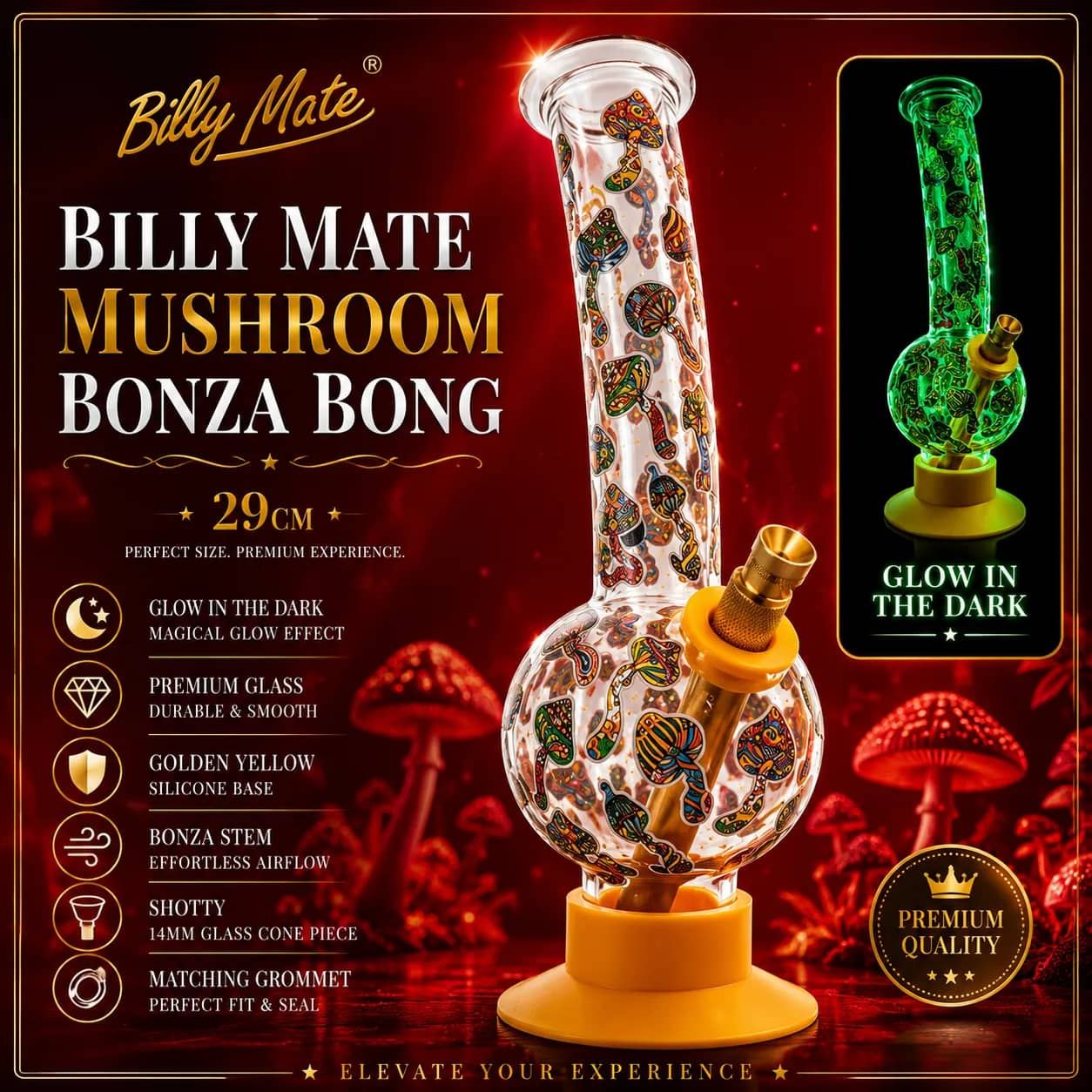 Psychedelic Mushroom Glow in the Dark Bonza Bong 29cm | Billy Mate
