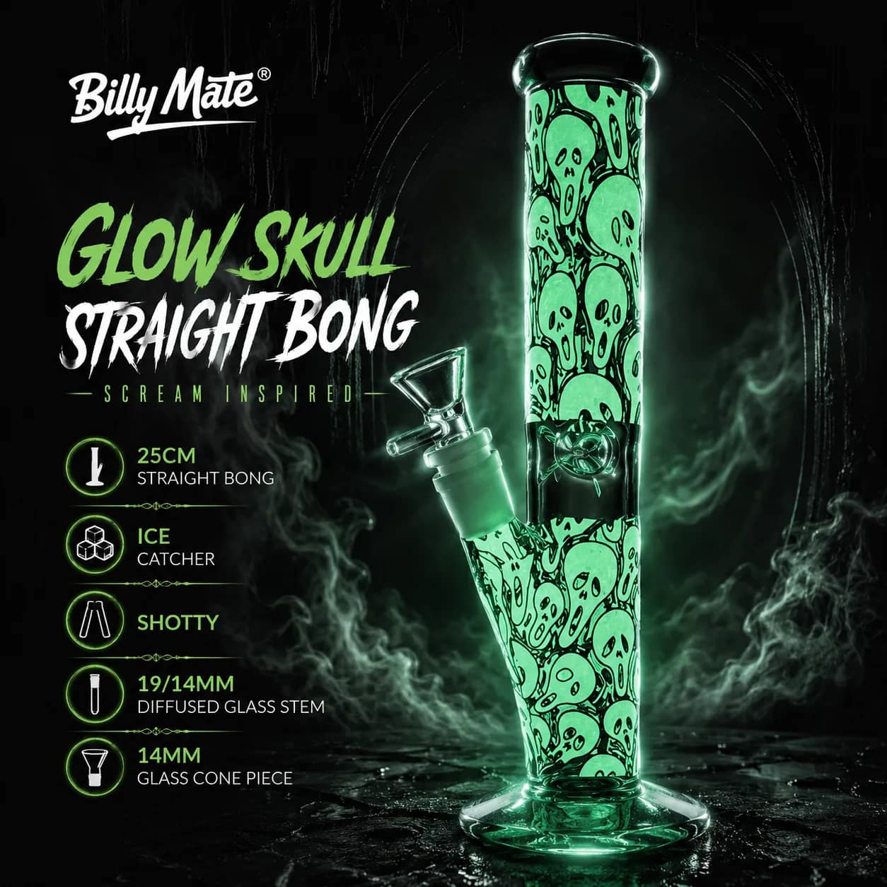 Billy Mate Glow Skull Scream Inspired Didgeridoo Straight Bong 25cm