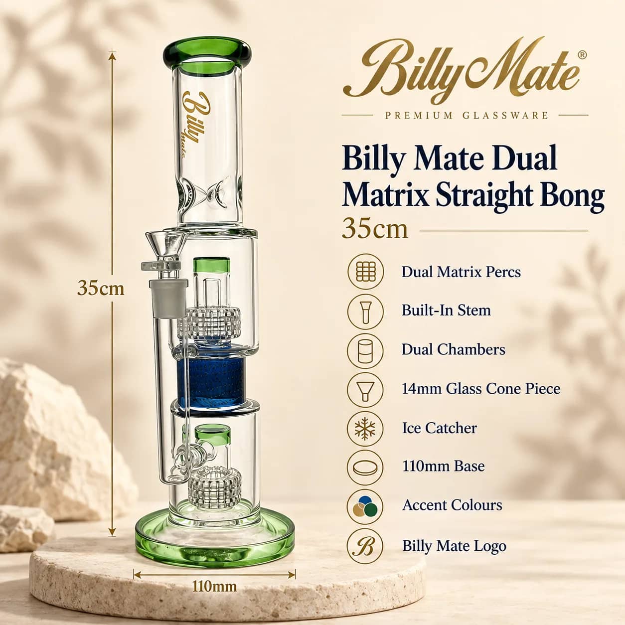 Billy Mate Dual Matrix Straight Bong 35cm | Dual Perc
