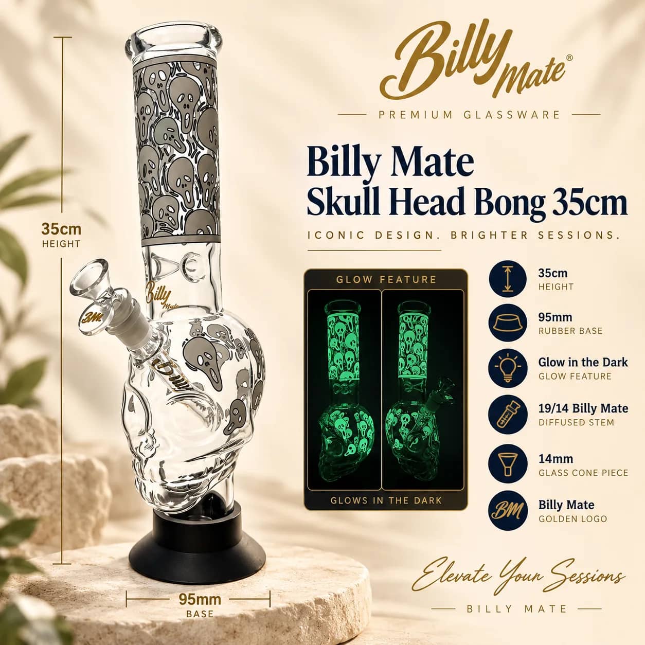 Billy Mate Skull Head Glow in the Dark Bong 35cm