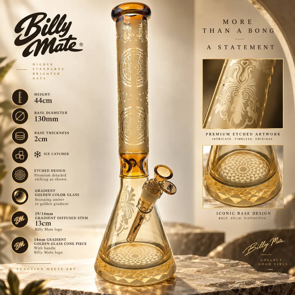 Billy Mate Golden Gradient Beaker Bong 44cm | Etched Glass