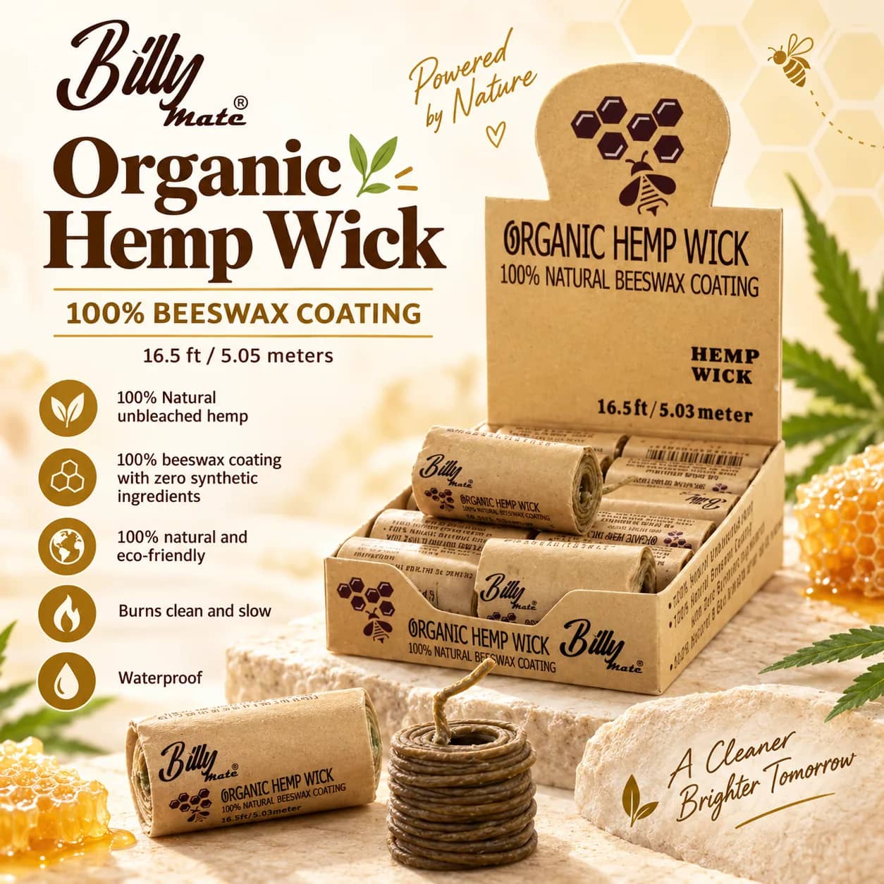 Billy Mate Organic Hemp Wick 5.05m | 100% Beeswax Coated
