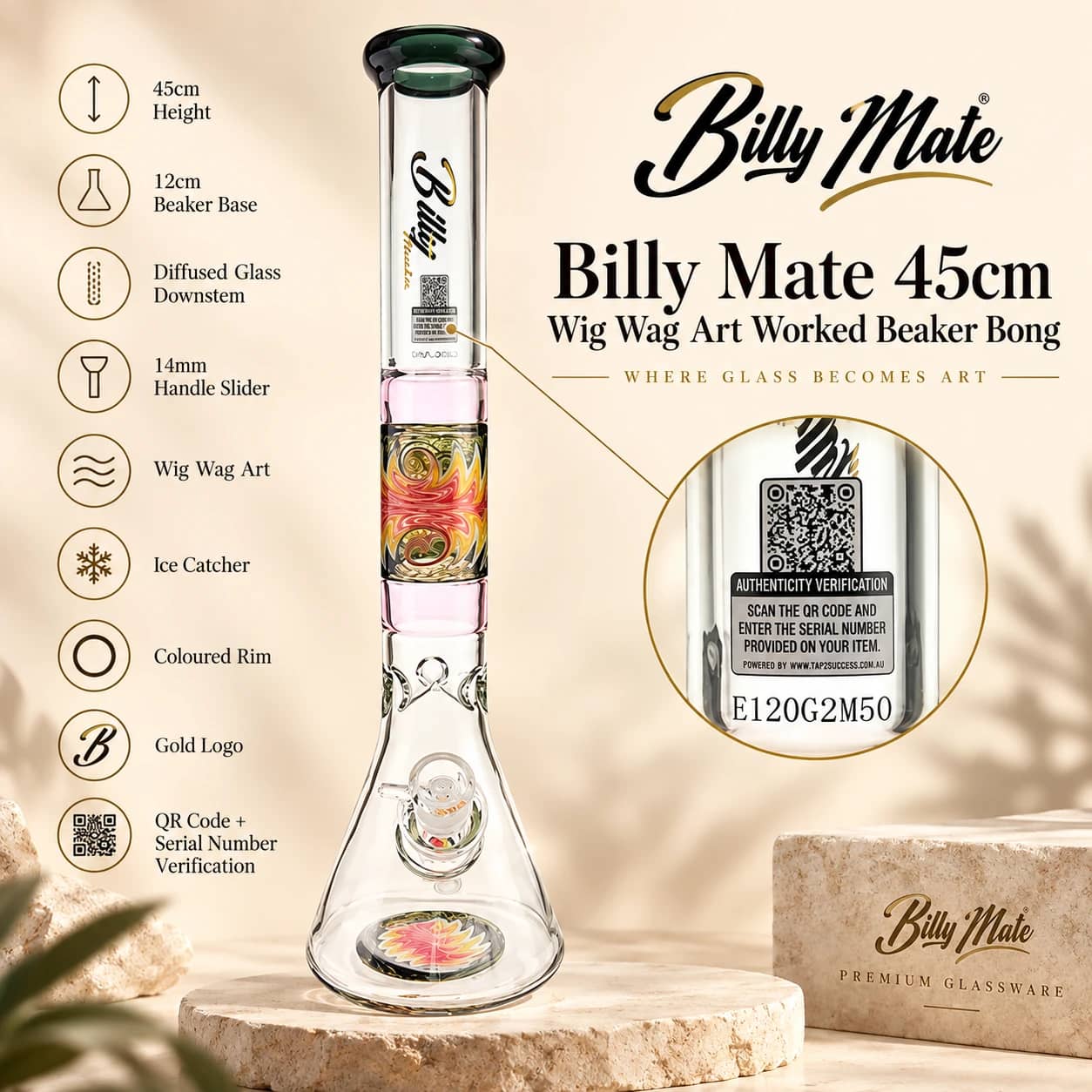 Billy Mate 45cm Wig Wag Art Beaker Bong | Premium Glass