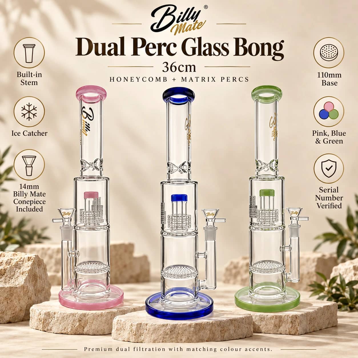 Billy Mate 36cm Dual Perc Glass Bong | Honeycomb + Matrix