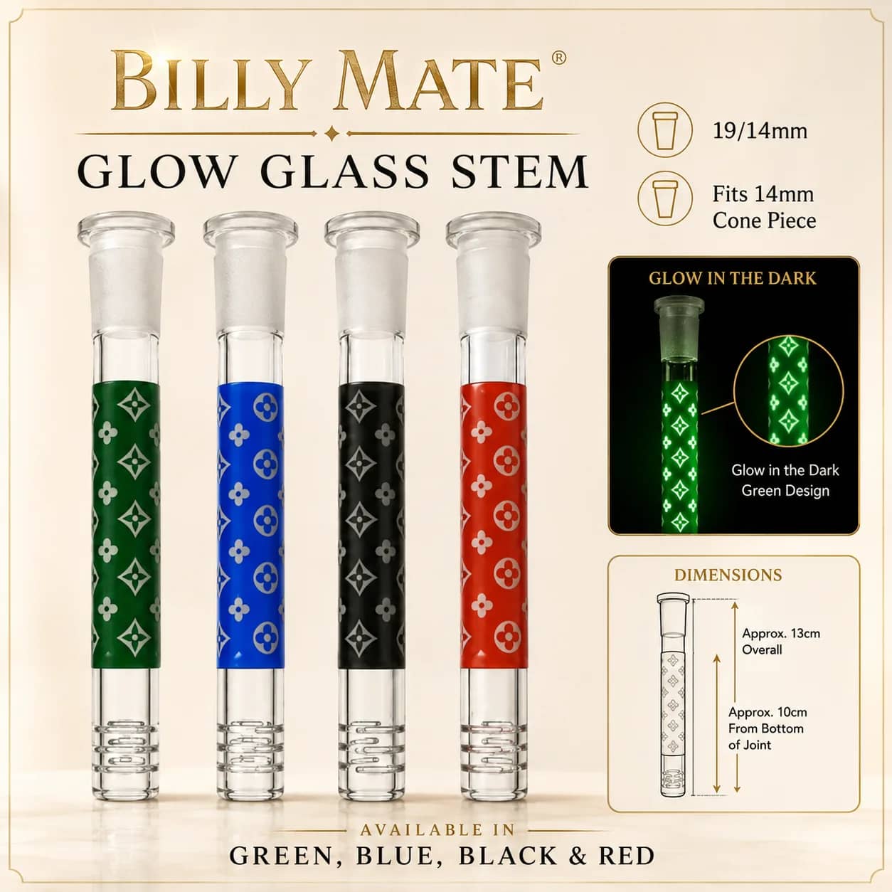 10cm Glow Glass Stem 19/14mm Diamond Pattern | Billy Approved
