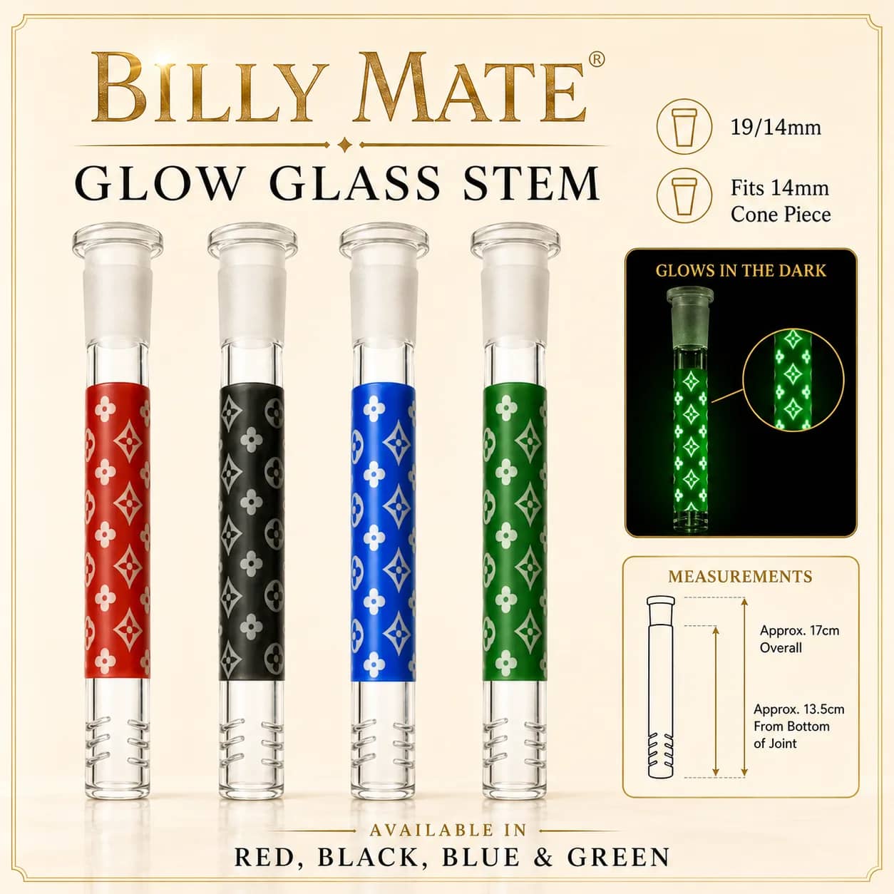 13.5cm Glow Glass Stem 19/14mm Diamond Pattern | Billy Approved