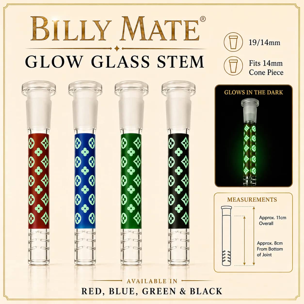 8cm Glow Glass Stem 19/14mm Diamond Pattern | Billy Approved