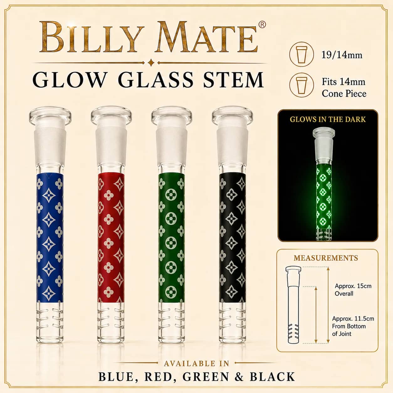 11.5cm Glow Glass Stem 19/14mm Diamond Pattern | Billy Approved